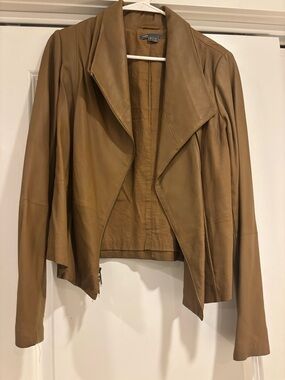 Vince Tan Leather Draped Zip-Front Jacket